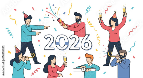Joyful 2026 New Year Celebration Illustration with Festive People, Party Favors, and Confetti for Holiday Greetings and Event Invitations