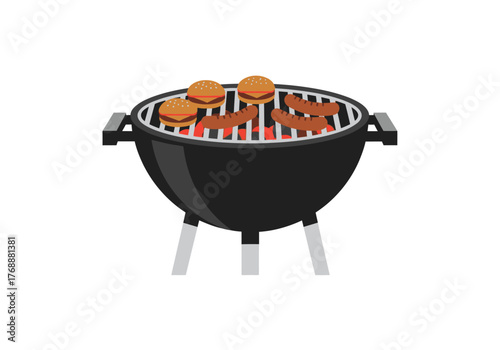 Black charcoal kettle grill cooking burgers and sausages.