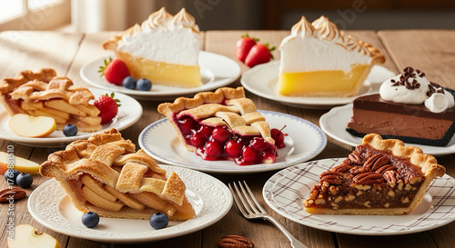 A variety of delicious dessert pie slices, including apple, cherry, lemon meringue, and pecan, are arranged on a wooden table.