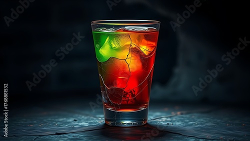 An abstract visualization of a vibrant colorful cocktail glass slowly cracking and draining of its color against a dark background.