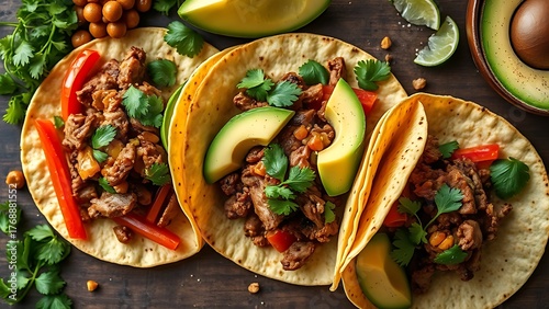 A vibrant display of Mexican street tacos with fresh ingredients, captured from an overhead angle.