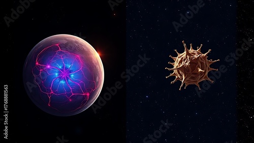 Two stem cells side by side—one vibrant on Earth, the other withered in starry space.