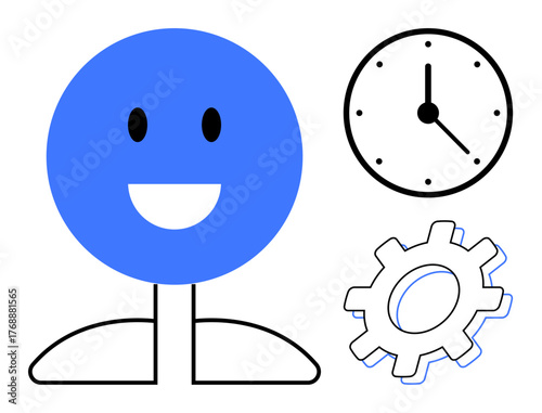 happy face with clock and gear symbolizing harmony between happiness, efficient time management, and productivity. Ideal for self-improvement, time planning, balance, teamwork, mental health