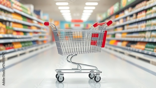 Shopping cart isolated on a plain background in a retail environment.