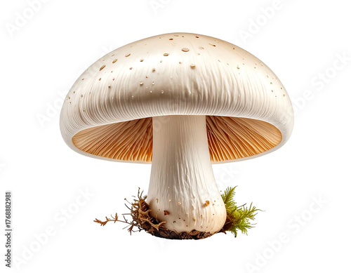 Solitary beige mushroom stands on moss, gills visible beneath the smooth cap, isolated against a black background