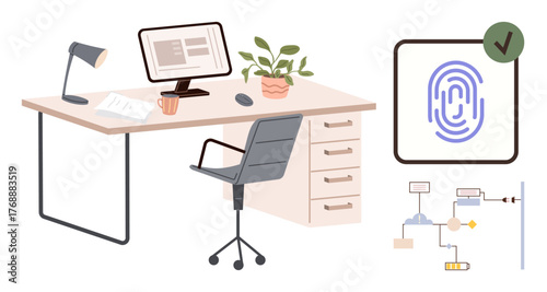 Office desk with computer, plant, lamp, chair. Highlighted fingerprint scanner and security flowchart. Ideal for cybersecurity, digital identity, authentication, online safety password management