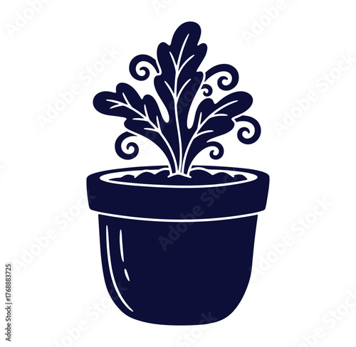 Decorative vector illustration of a potted houseplant in dark blue with white outlines on white background