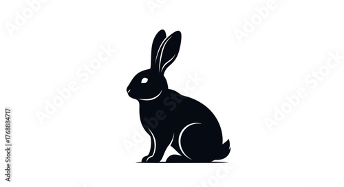 A stylized silhouette of a rabbit sitting upright with its ears perked up, presented in a simple,.