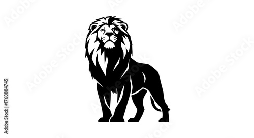 A majestic lion stands tall, its powerful presence captured in a striking monochrome silhouette.