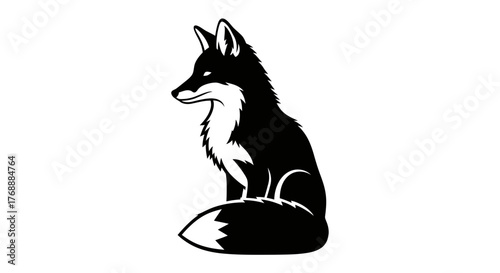 A stylized fox sits alertly, its black fur contrasting sharply against the white space, evoking a.