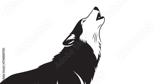 A monochrome image depicts a wolf howling, its head tilted back in a vocal display against a plain.