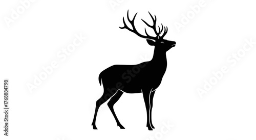 A proud deer stands tall in silhouette, its antlers reaching high against the stark white canvas.