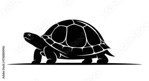 A stylized silhouette of a turtle walking slowly forward, showcasing its shell and determined pace.