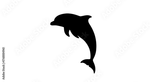 A black silhouette of a dolphin leaping upwards against a stark white canvas creates a simple yet.