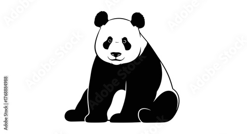 A cute panda bear is sitting and looking forward in a simple black and white graphic style.