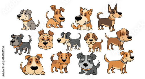 Cartoon dogs of various breeds stand and sit in a group, each with a different expression and pose.
