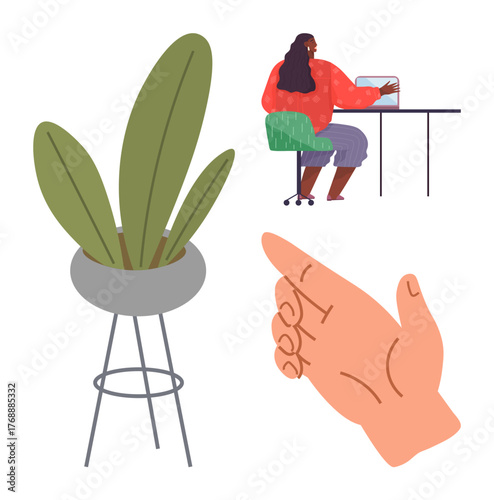 Person at desk using a laptop, hand signaling direction, and a tall potted plant nearby. Ideal for productivity, communication, remote work, creativity, workspace design, ergonomics simple flat