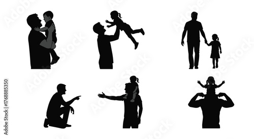 PrintFather child silhouettes, bonding moments vector, family love illustration, parenting poses, black graphic design, playful interaction, emotional connection, careFather child silhouettes, 