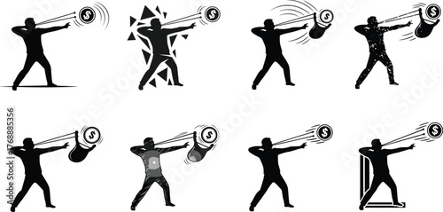 Financial impact silhouette, dollar sign hit, money pressure, economic burden, dramatic pose, black and white, vector art, crisis concept