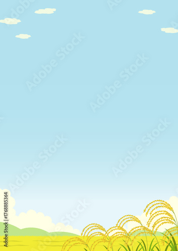 山や田んぼに実った稲穂の自然の縦型の風景イラスト
