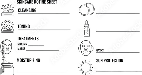Skincare routine sheet with cleansing toning treatments moisturizing and sun protection icons on white