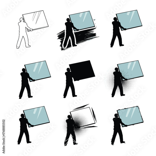 PrinGlass pane worker illustration, silhouette styles, artistic techniques, brushstroke, halftone, reflection, motion effect, textured border, minimal line drawingt