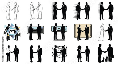 PrintHandshake illustration, business agreement, partnership concept, silhouette style, teamwork deal, corporate connection, professional collaboration, vector art, digital networking, trust