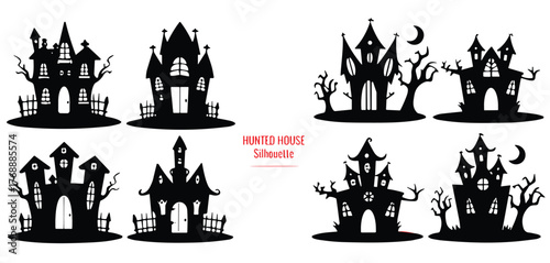 PrintHaunted house silhouette, spooky Halloween clipart, gothic building vector, eerie tree design, horror night illustration, creepy castle graphic, moonlight scene
