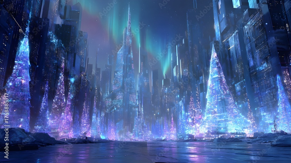 Obraz premium Futuristic Cityscape with Giant Abstract Particle Christmas Trees under Aurora Sky