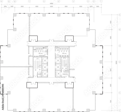 Interior Design Floor Plan of Central Structure for Office Furniture Layout
