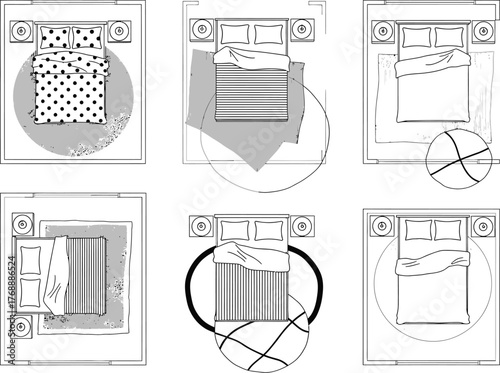 Top down view of six different bedroom layouts showing bedding styles and furniture placement options