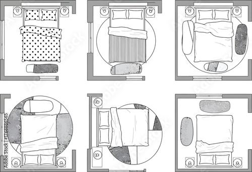 Six different blueprint floor plan layouts for small bedrooms showcasing furniture arrangement and space utilization ideas