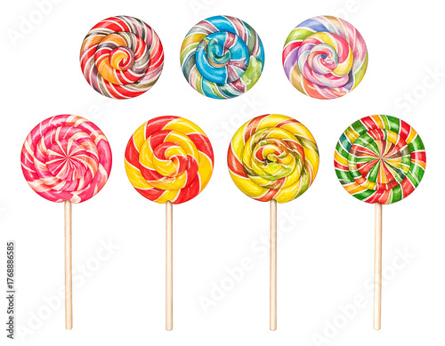 Eight colorful, spiral lollipops with wooden sticks against a black background, arranged in two rows