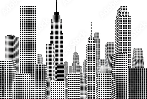 Abstract monochrome cityscape silhouette composed of numerous small squares creating a textured urban skyline against a white background