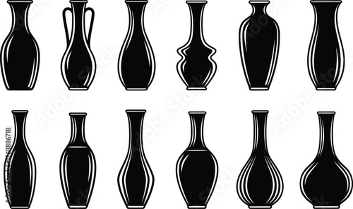 Collection of twelve antique pottery vase silhouettes in various shapes and sizes on a white background