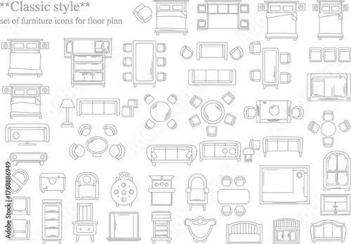 Collection of hand drawn architectural floor plans and furniture layouts in a classic sketch style