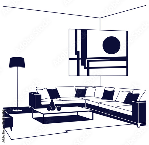 Minimalist interior design illustration featuring a modern sectional sofa and artwork