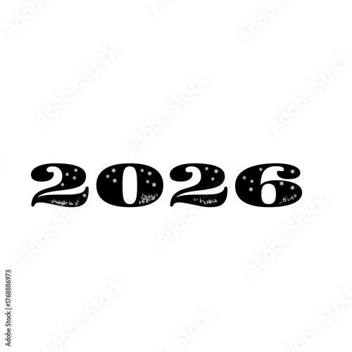 black and white stylized 2026 text with snowflakes