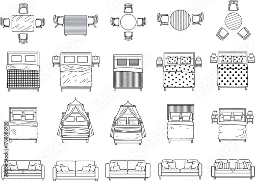 Collection of hand drawn top down furniture illustrations featuring beds sofas and dining tables for interior design