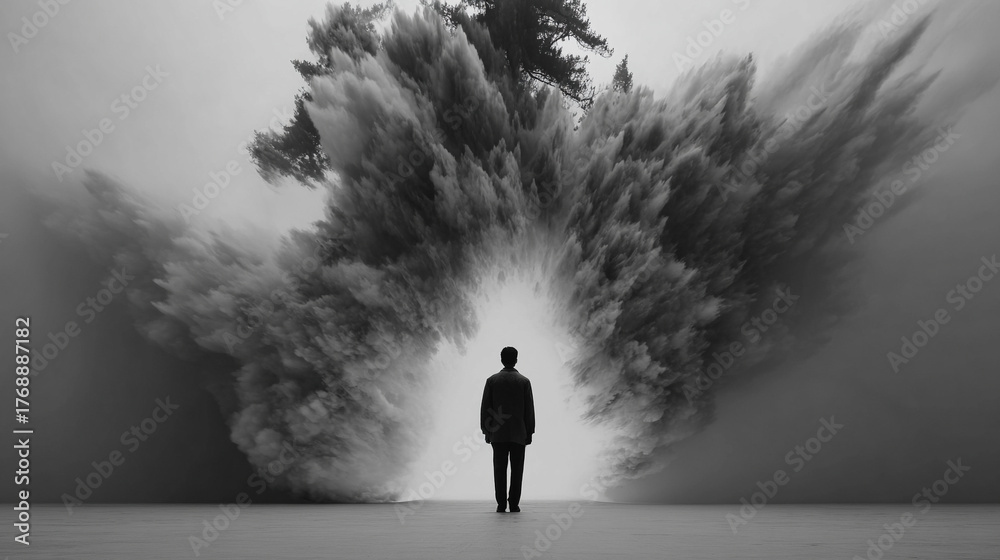 Fototapeta premium The back of a human figure dissolves into ethereal mist, symbolizing transcendence, transformation, and the journey from physical form to spiritual or abstract existence. Hyperrealistic and atmospheri