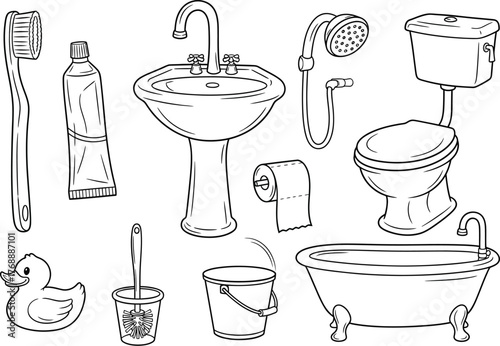 Collection of hand drawn black and white bathroom fixtures and accessories including a bathtub sink toilet and rubber ducky