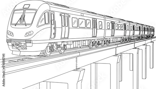 Detailed sketch of a modern elevated metro train moving along its tracks supported by concrete pillars