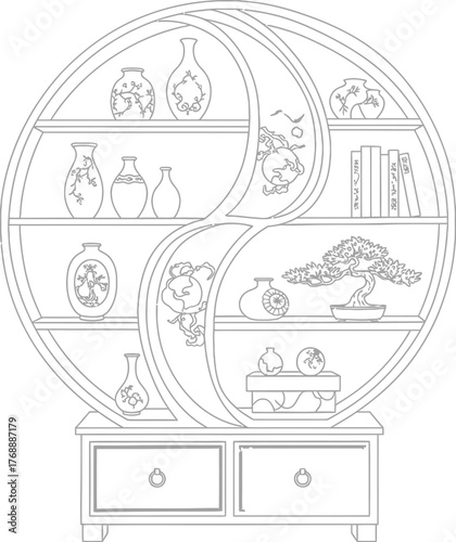 Intricate oval shaped display cabinet with drawers featuring shelves for decorative objects and plants in a detailed line art illustration