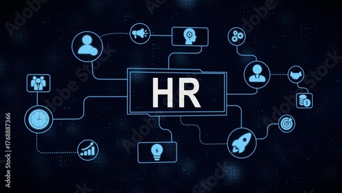 Modern digital hr concept illustrated with icons and connected elements on a dark background