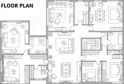 Detailed architectural floor plan blueprint showing layout of rooms and spaces in a residential building design