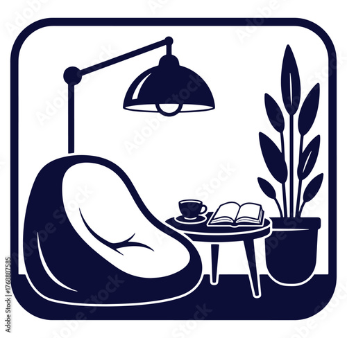 Relaxing interior scene with beanbag chair lamp book plant and coffee cup in monochrome style