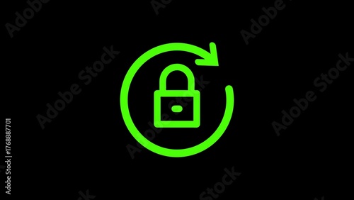 Green padlock icon with circular arrow representing data protection and security on black background.