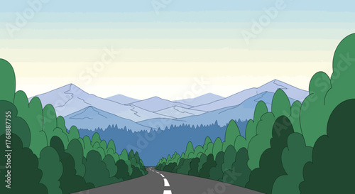 Cartoon illustration of a long straight road leading through a forest towards distant blue mountains under a clear sky.