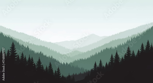 A serene landscape of rolling green mountains covered in pine trees, fading into a misty horizon under a pale sky.