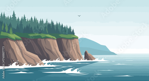 Cliffside landscape with ocean waves and evergreen trees on a cloudy day.